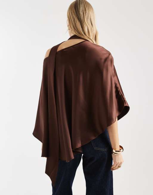 ASOS DESIGN one shoulder cape top with scarf in chocolate, 4 of 4