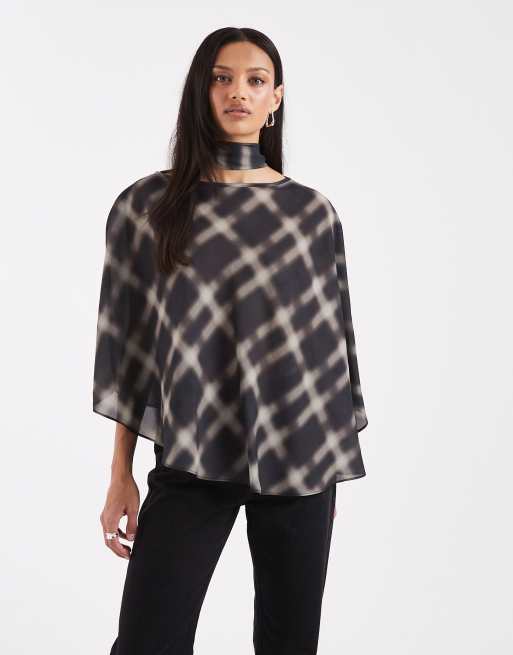 ASOS DESIGN one shoulder cape top with scarf in plaid, 4 of 4