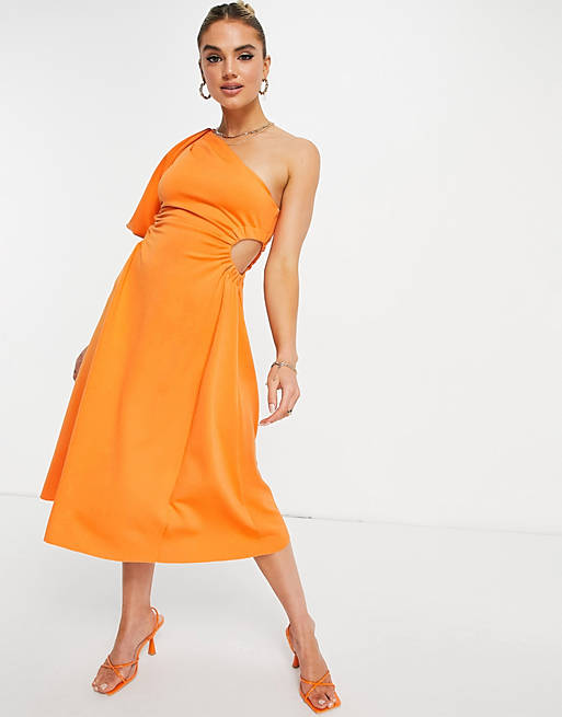 Dresses one shoulder channelled elasticated cut out waist midi dress in tangerine 