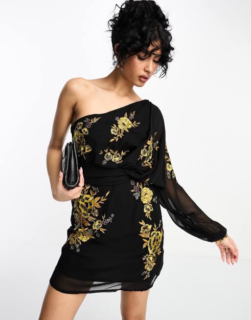 Black and gold hot sale one shoulder dress