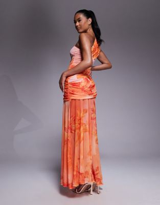 Asos Design One Shoulder Contrast Bodice Detail Maxi Dress With Printed Sheer Skirt-multi
