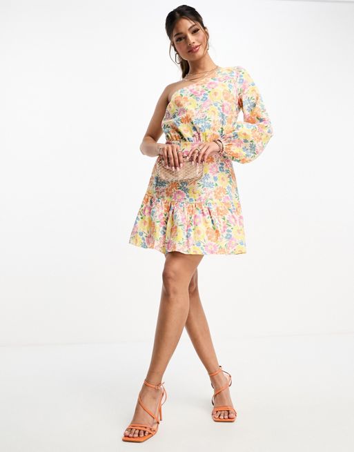 ASOS DESIGN one shoulder cotton mini dress in ditsy floral | ASOS