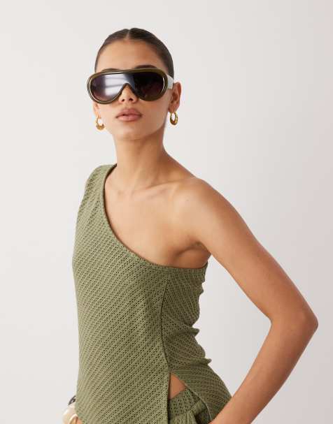 ASOS DESIGN One-Shoulder-Crochet-Kombiteil-Top in Khaki - view 1
