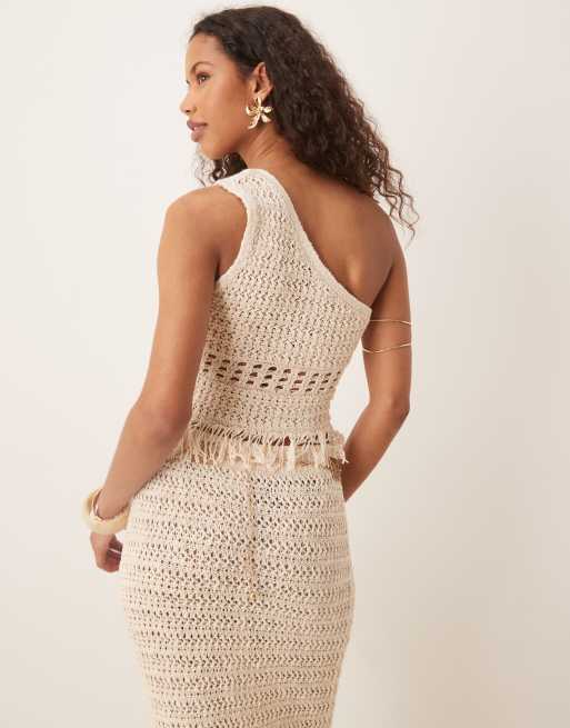 ASOS DESIGN one shoulder crochet stitch top in stone - part of a set , 4 of 4