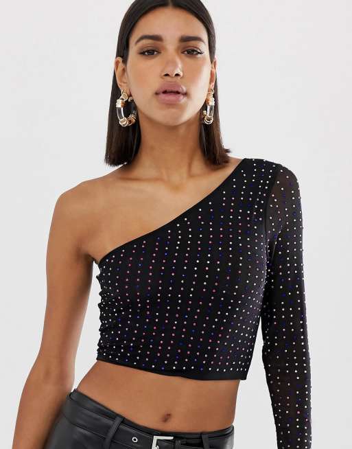 ASOS DESIGN one shoulder crop top in mesh with crystal studs | ASOS