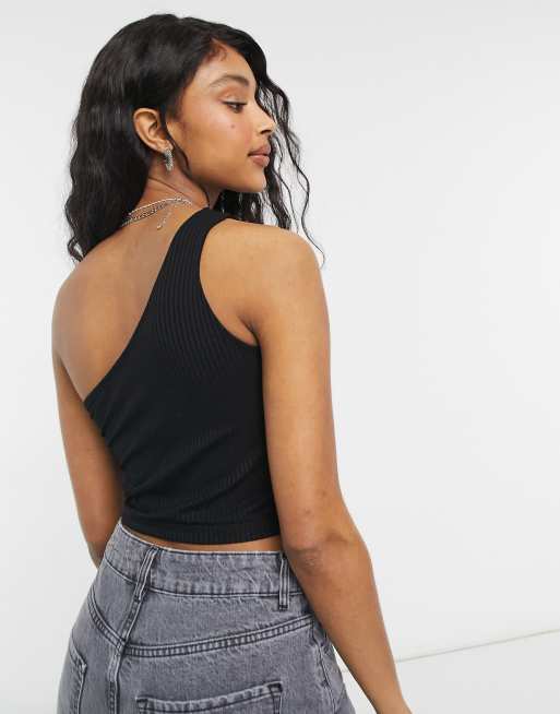 Black ribbed store one shoulder top