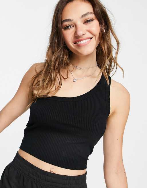 One Shoulder Rib Top Black