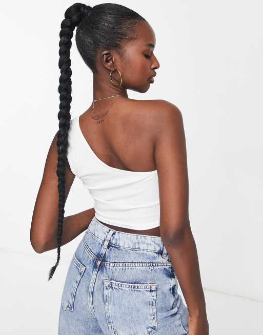 ASOS DESIGN one shoulder crop top in rib in white