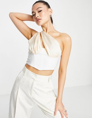 ASOS DESIGN Going Out one shoulder cupped corset top in champagne