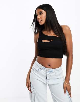 Asos Design One Shoulder Hot Fix Cut-out Crop Top In Black