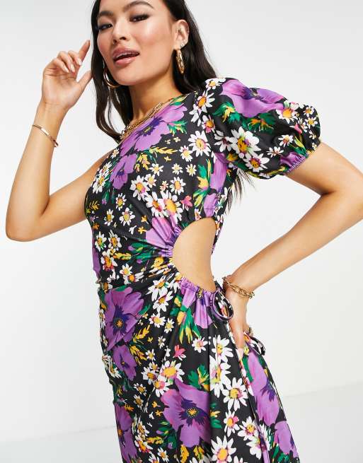 ASOS DESIGN one shoulder cut out detail maxi dress in bright purple floral  print