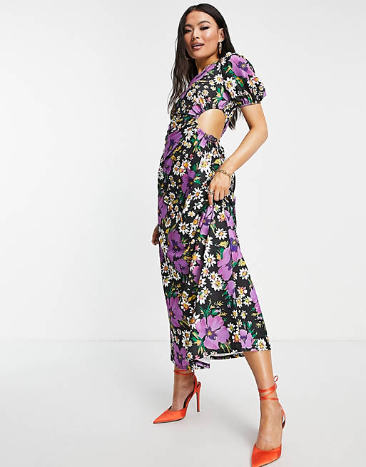 ASOS DESIGN one shoulder cut out detail maxi in bright purple floral print 