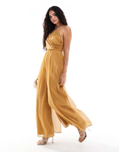 ASOS DESIGN one shoulder cut out jumpsuit with chain detail in chesnut - view 1