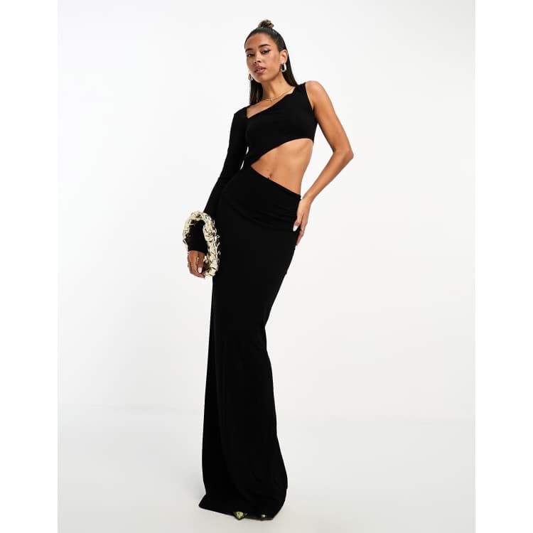 Black applique detail one shoulder cut 2025 out maxi dress