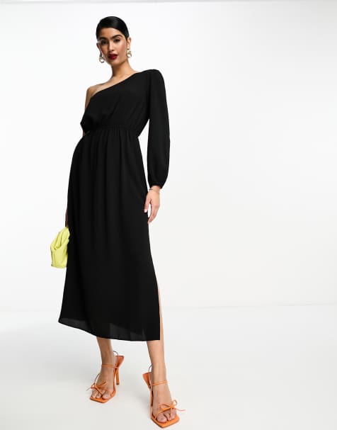 ASOS DESIGN slinky wrap blouson sleeve dress in black