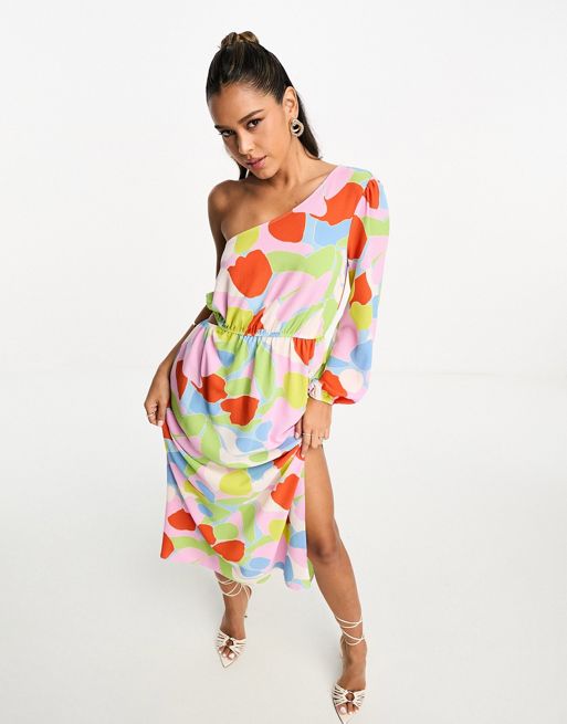 ASOS DESIGN one shoulder cut out midi dress in bright abstract print | ASOS