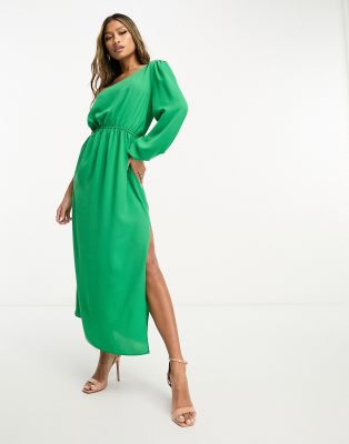 asos green one shoulder dress ASOS Design One Shoulder Satin Knot Detail Maxi Dress in dark Green