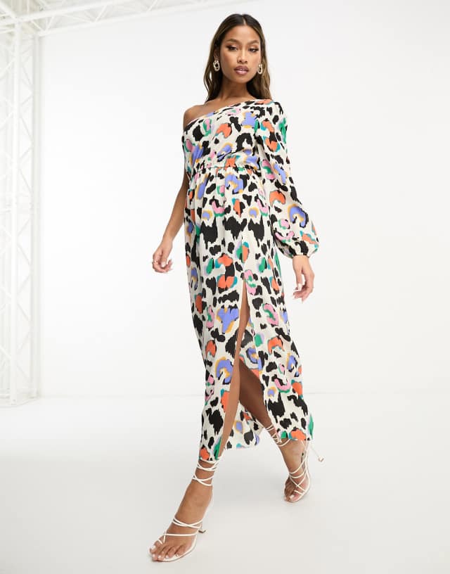 ASOS DESIGN one-shoulder cut-out midi dress in colored print