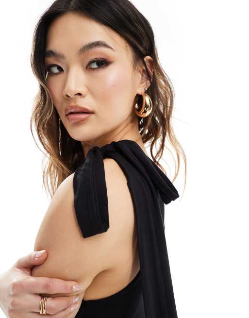 ASOS DESIGN one shoulder cut out midi dress with long tie detail in black, 3 of 4