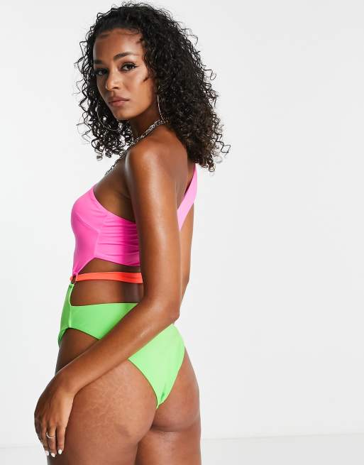 ASOS DESIGN one shoulder cut out ring detail swimsuit in neon