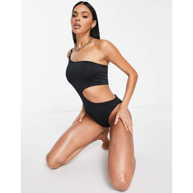 ASOS DESIGN one shoulder mesh over lay swimsuit in black and natural