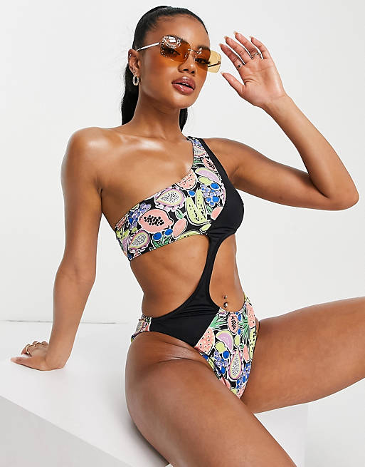 Asos Women Sport & Swimwear Swimwear Monokinis One shoulder cut out swimsuit in block fruit print 