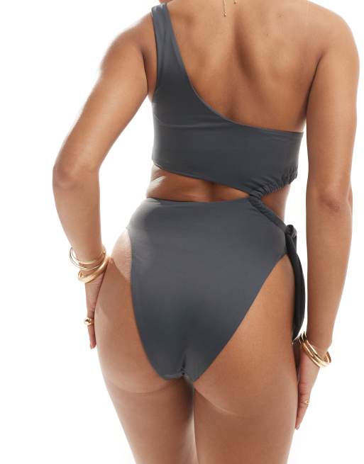 ASOS DESIGN one shoulder cut out swimsuit with tie detail in slate gray, 3 of 4