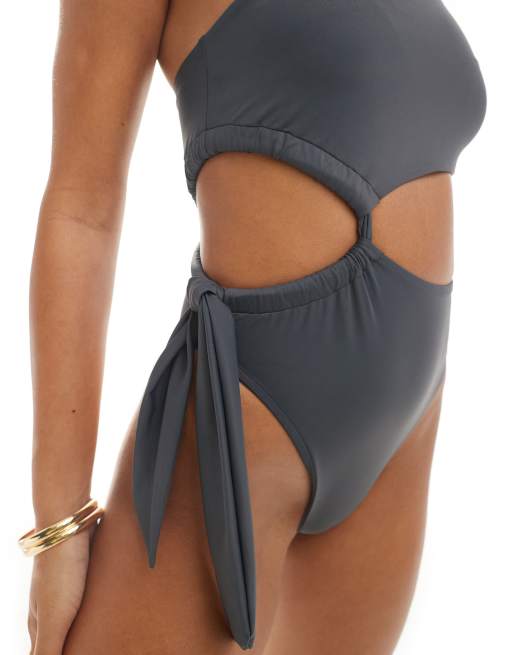 ASOS DESIGN one shoulder cut out swimsuit with tie detail in slate gray, 4 of 4