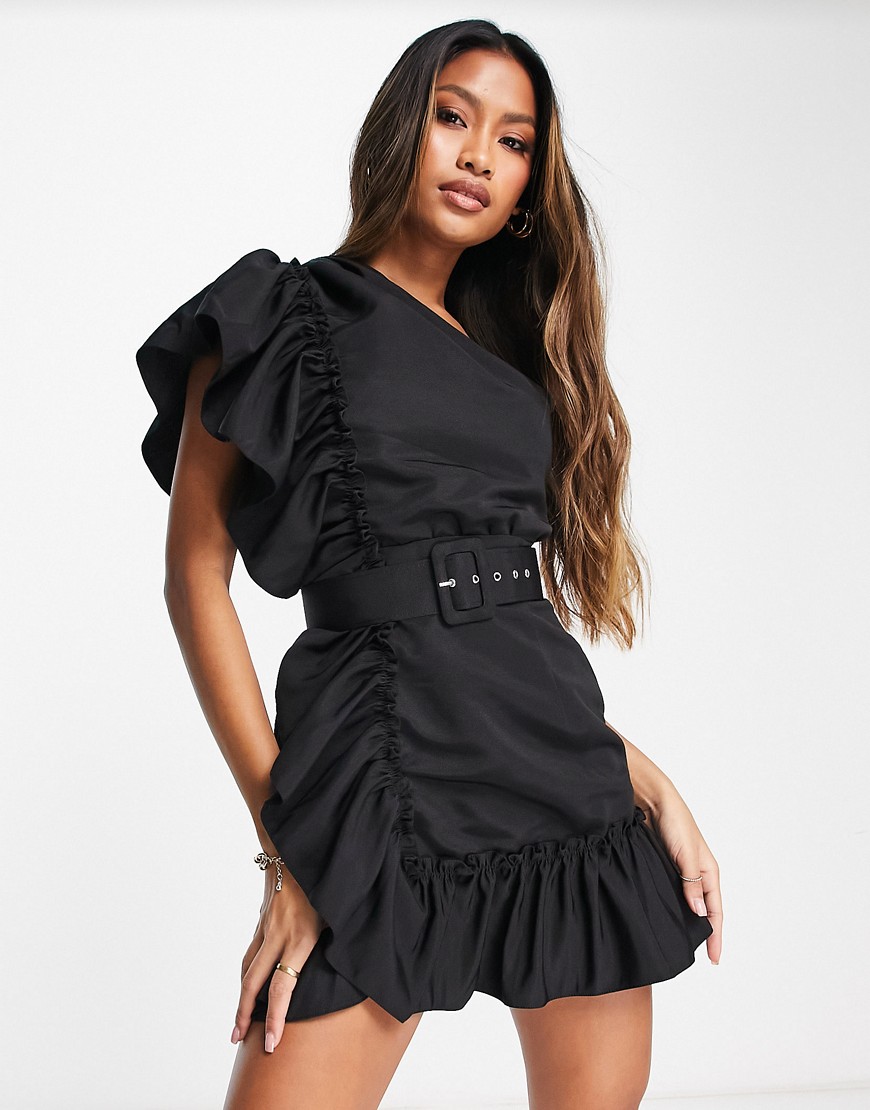 ASOS DESIGN one shoulder detail belted frill mini dress in black