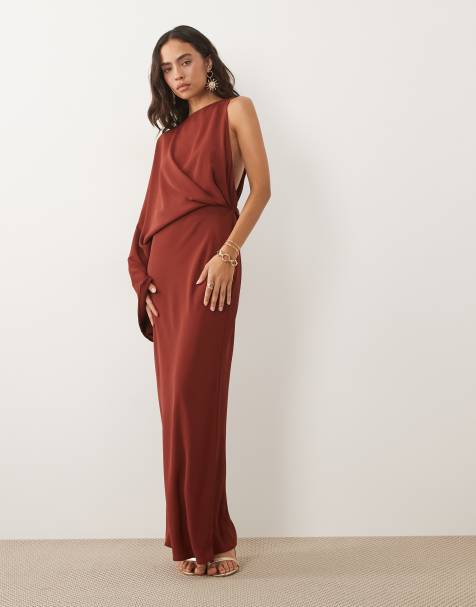 ASOS DESIGN one shoulder drape back column maxi dress in brown - view 1