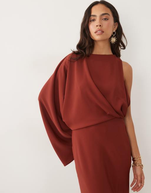 ASOS DESIGN one-shoulder drape back column maxi dress in brown, 2 of 4