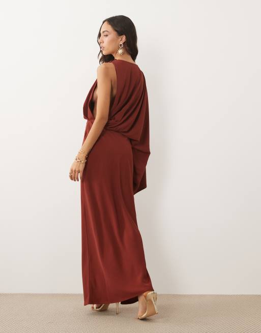 ASOS DESIGN one-shoulder drape back column maxi dress in brown, 3 of 4