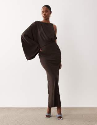 Asos Design One Shoulder Drape Back Column Maxi Dress In Brown