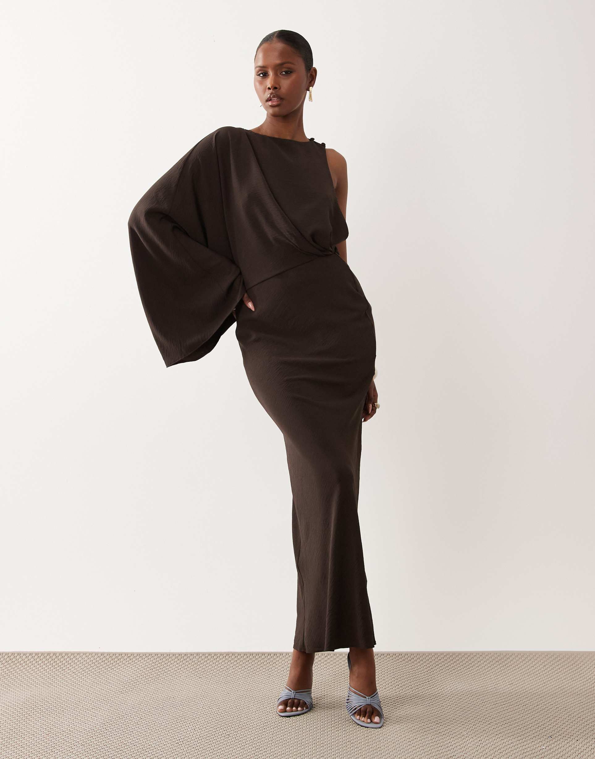asos design one shoulder drape back column maxi dress in chocolate