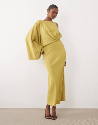 Asos Design One-shoulder Drape Back Column Maxi Dress In Yellow