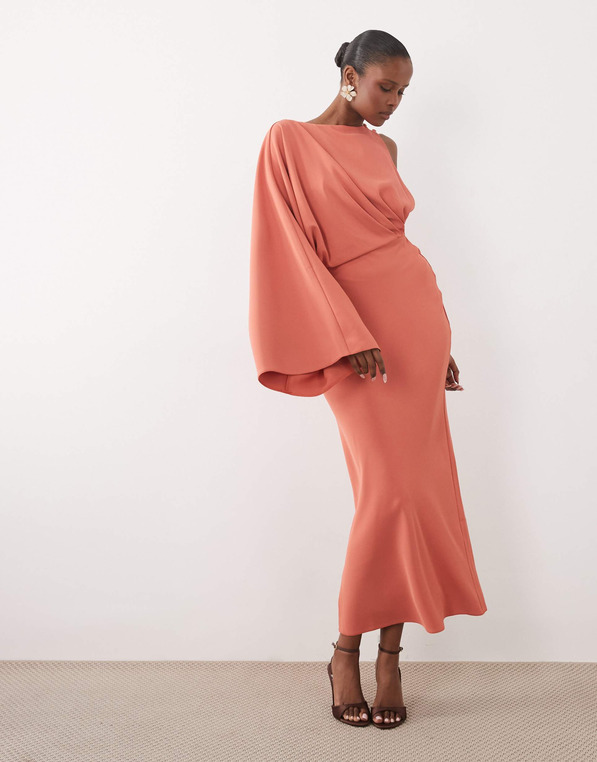 asos design one-shoulder drape back column maxi dress in orange