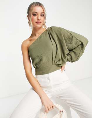 ASOS DESIGN one shoulder drape batwing top in olive | ASOS