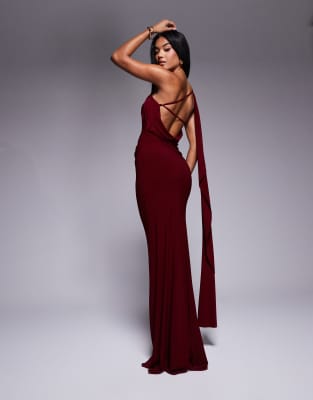 one shoulder drape detail maxi dress with train in burgundy-Red