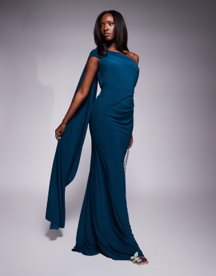 one shoulder drape detail maxi dress with train in petrol blue-Green