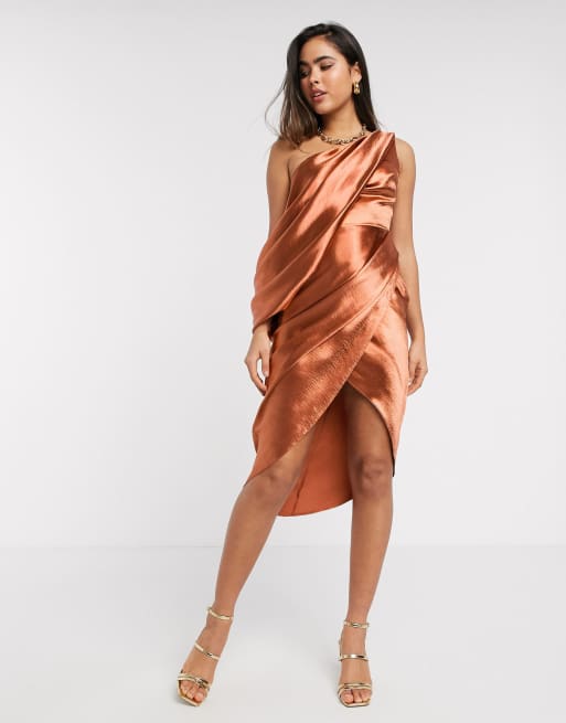 Asos one shoulder midi dress in hammered clearance satin