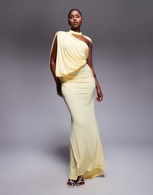 ASOS DESIGN one shoulder drape maxi dress with cape detail in buttermilk yellow - view 1