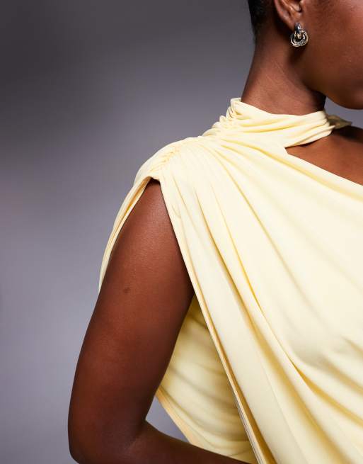 ASOS DESIGN one-shoulder drape maxi dress with cape detail in buttermilk yellow