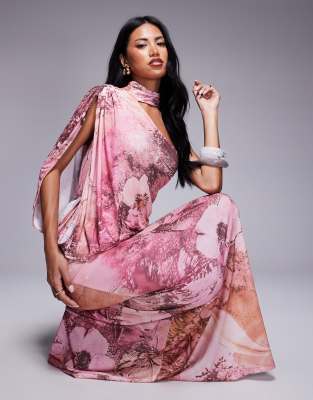 Asos Design One Shoulder Drape Maxi Dress With Cape Detail