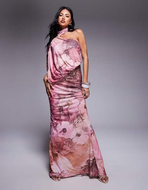 ASOS DESIGN one shoulder drape maxi dress with cape detail in floral print
