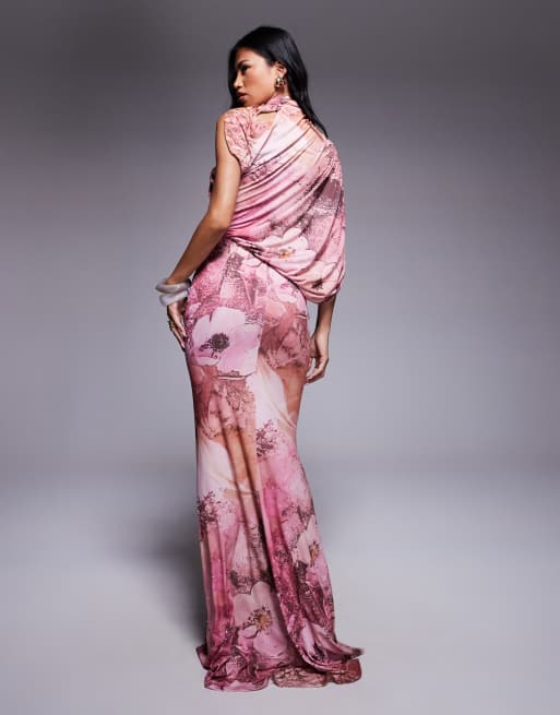 ASOS DESIGN one shoulder drape maxi dress with cape detail in floral print
