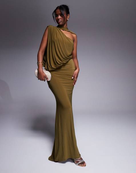 ASOS DESIGN one shoulder drape maxi dress with cape detail in khaki