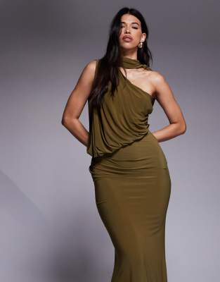 Asos Design One Shoulder Drape Maxi Dress With Cape Detail In Green