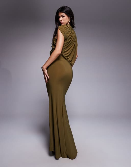ASOS DESIGN one shoulder drape maxi dress with cape detail in khaki