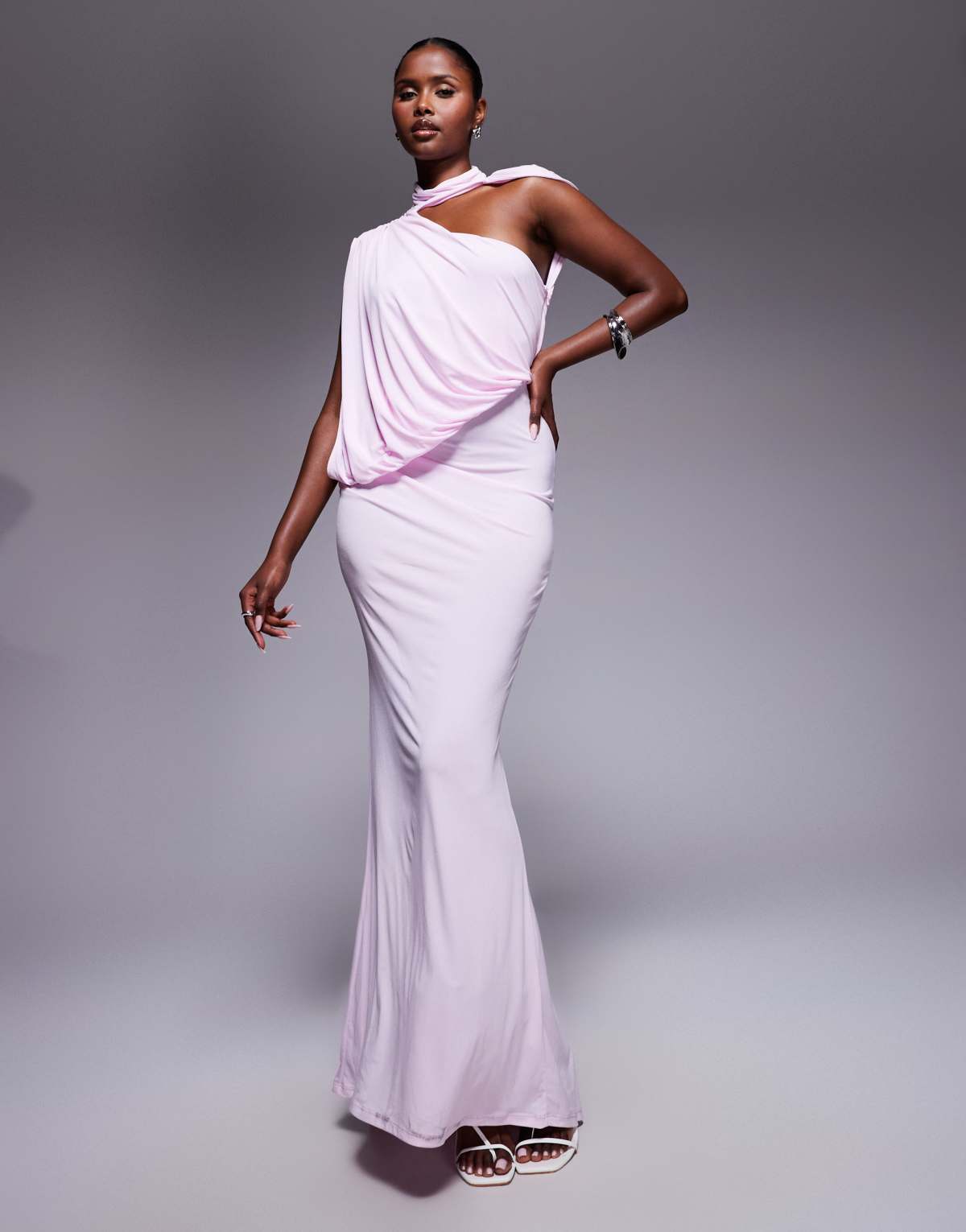 ASOS DESIGN one shoulder drape maxi dress with cape detail in lilac