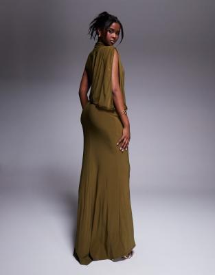Shop Asos Design One Shoulder Drape Maxi Dress With Cape Detail In Green